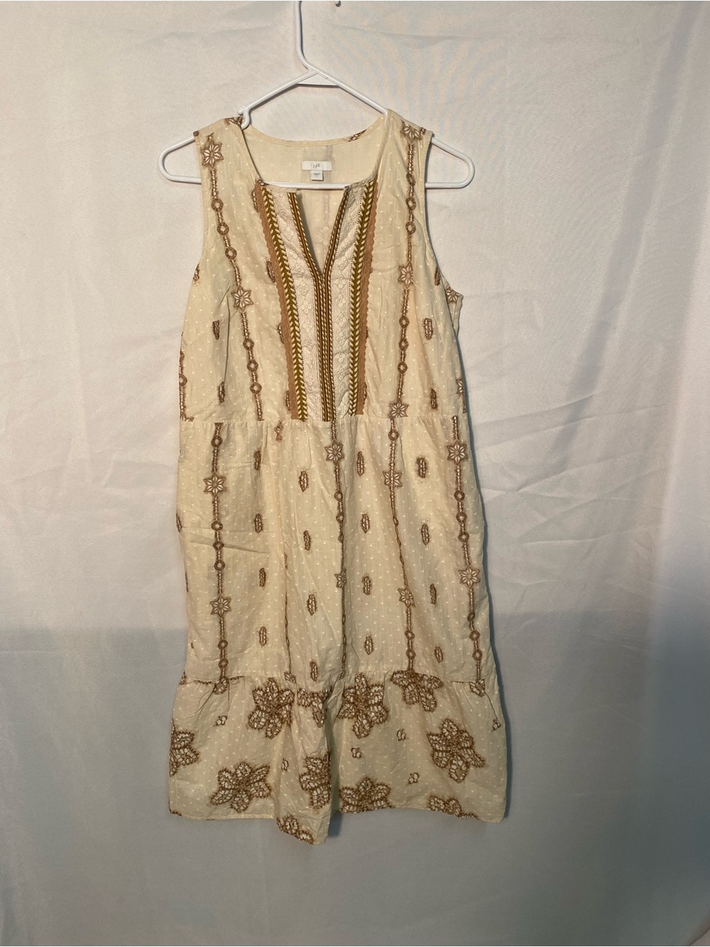 J.Jill Boho Embroidered Sleeveless Dress in Cream with Gold Accents 100% Cotton